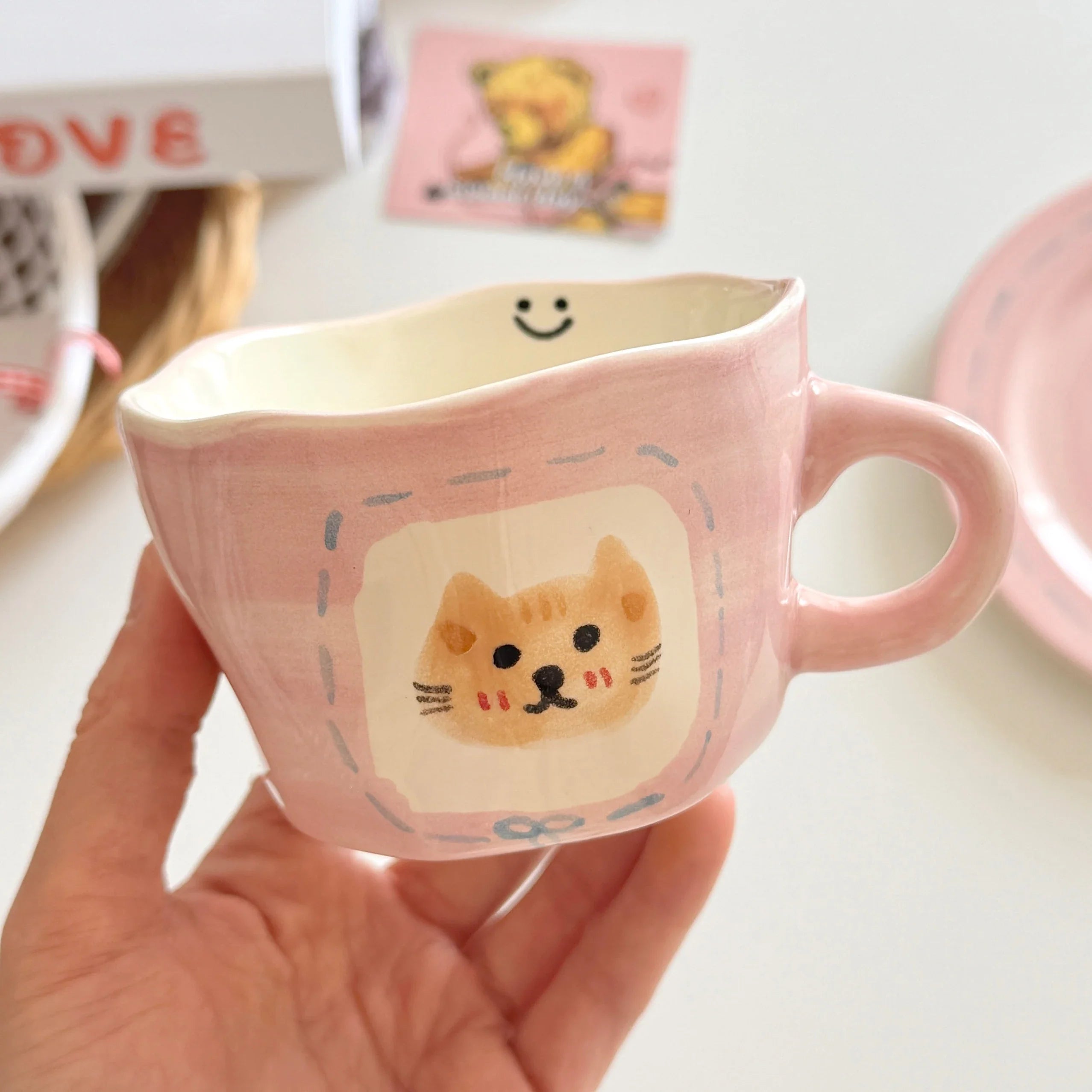 Cute Pink Hand Drawn Ceramic Line Bows 7.9 Inches Serving Plates