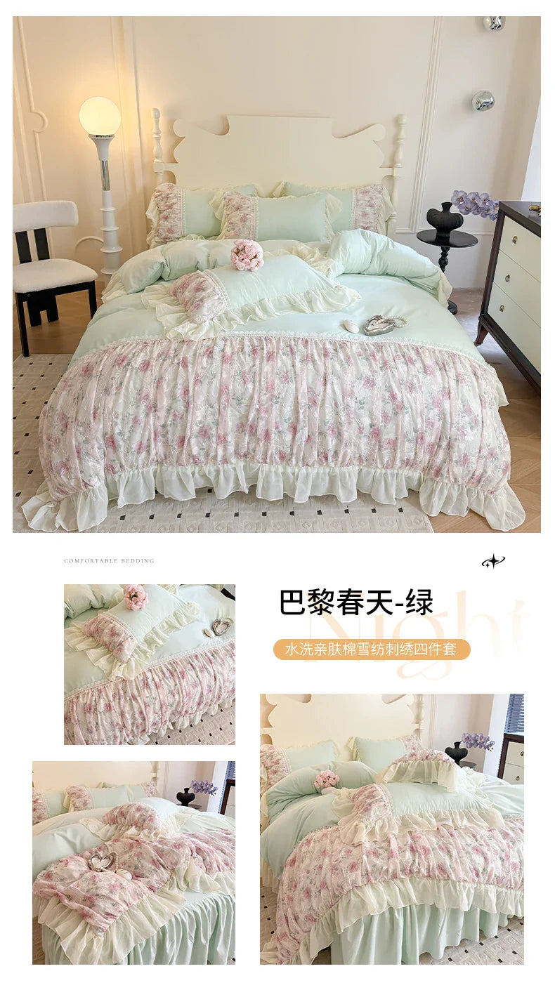 Princess Style Duvet Cover Sets with Lace Embroidery Bed Cover for Girls Queen/King Size Soft Pink Bedding with Ruffles