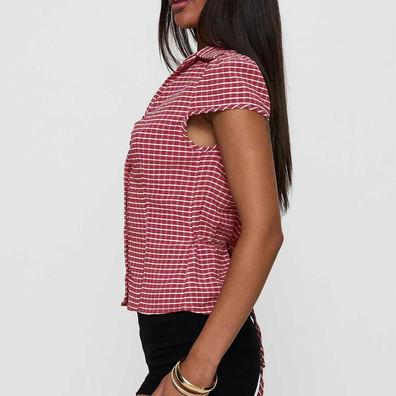 Women's Summer Retro Casual Plaid Short Sleeve Top Fashion Trim Top Summer Fashion Slim Fit Shirt Blouse Streetwear