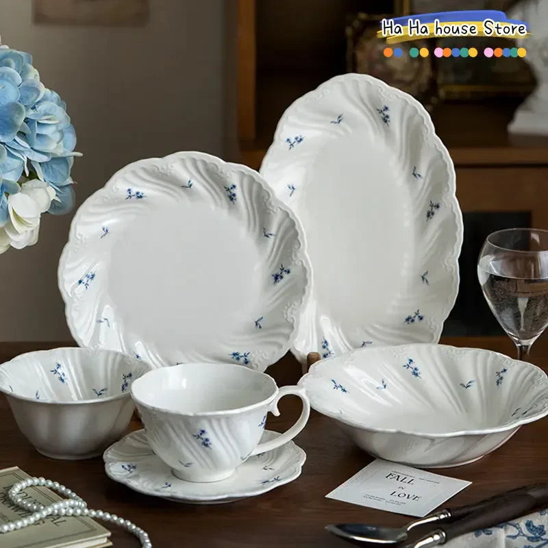 Ceramic Floral Bowl Dish Set Oval Plate New French Medieval High-end Cup Dish Set