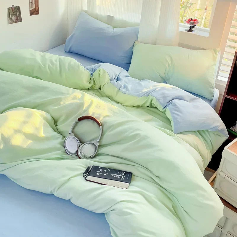 Solid Bed Linen Cotton Bedding Set 4pcs with Sheet Duvet Cover Pillowcases Single Couple Bedsheet