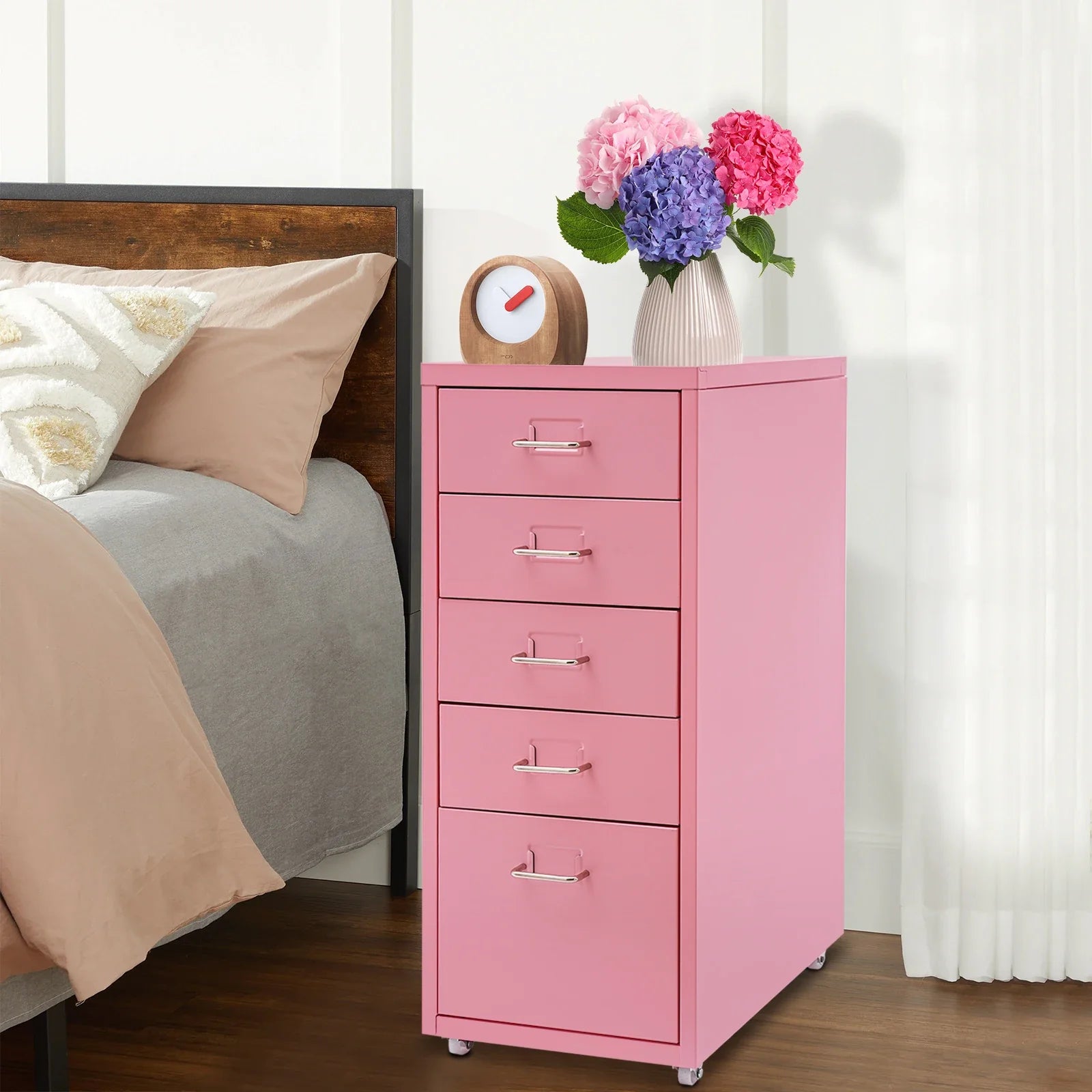 Tall Pink File Cabinet on Wheels 5-Drawer Storage Cabinet Home Furniture for Kitchen, Bedroom, Office, Study | 27 Inch