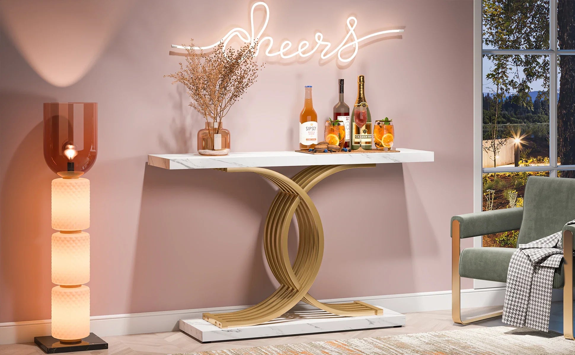 Tribesigns Gold Entryway Table, Modern 39-Inch Console Faux Marble Narrow Wood Sofa with Geometric Metal Legs