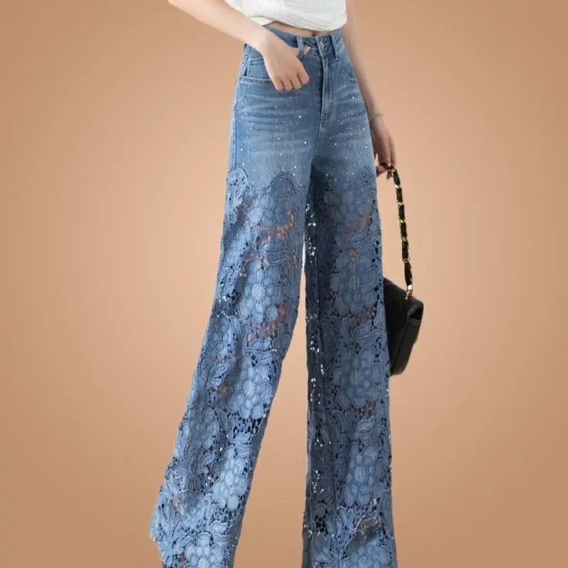 Women High Waist Lace Patchwork Pantalones Hollow Out Oversized Spring Casual Loose All Match Pants
