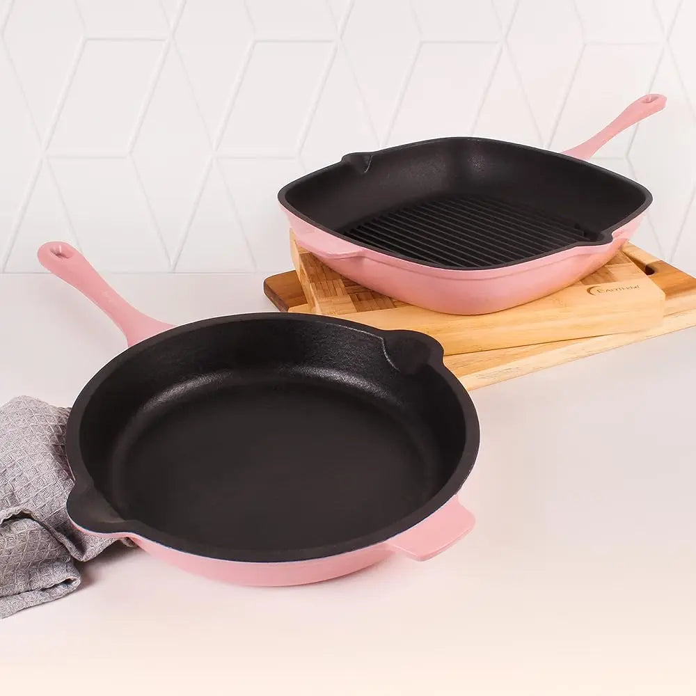 Pink Enameled Cast Iron Cookware Set, Grill Pan 11 Hes, Fry Pan 10 Hes, Oven Safe Up To 400°F, 2Pc
