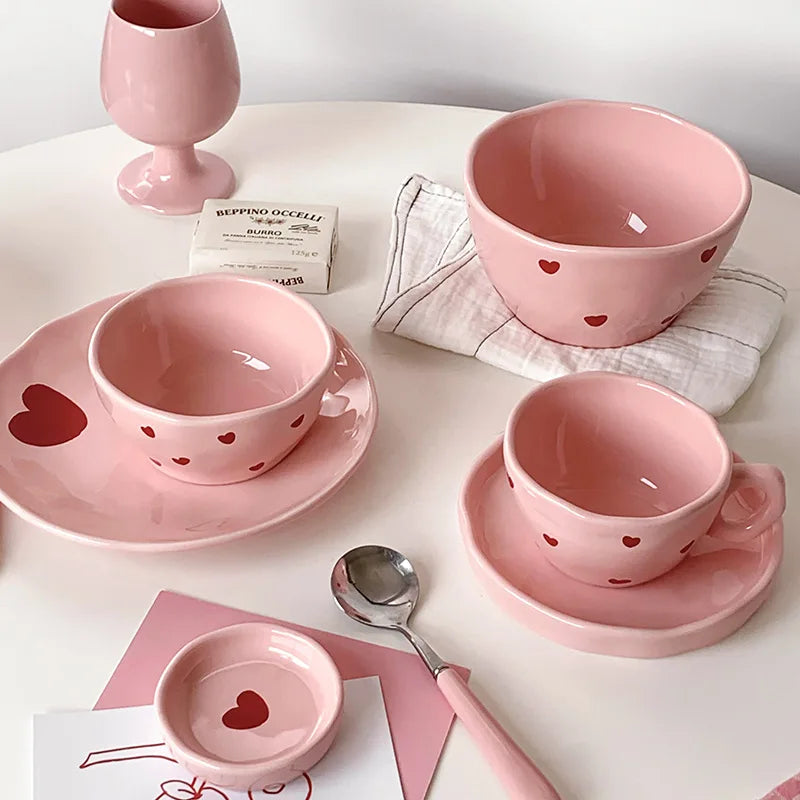 Pink Heart Pattern Ceramic Plate l Cup Bowl Dinner Tableware
