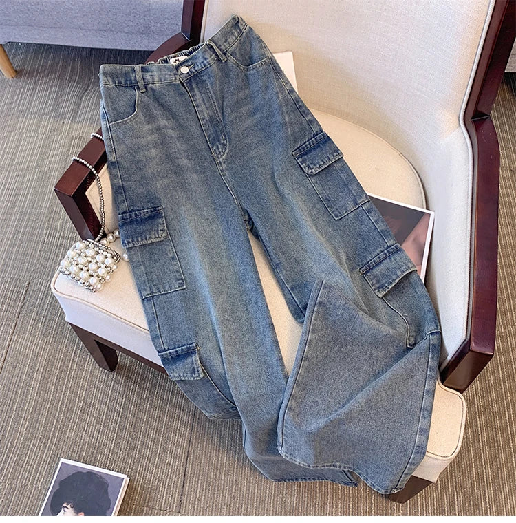Street Style Plus Size Jeans Women's Casual Pants Gray All-In-One Overalls Multi-Pocket Commuter Denim Pants