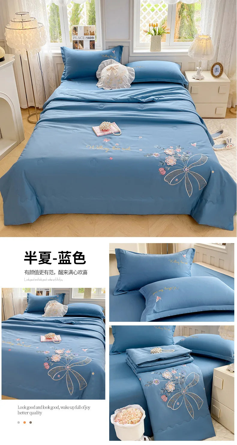 Super Soft Washed Cotton Three-Dimensional Flower Embroidered Summer Quilt Four-Piece Set