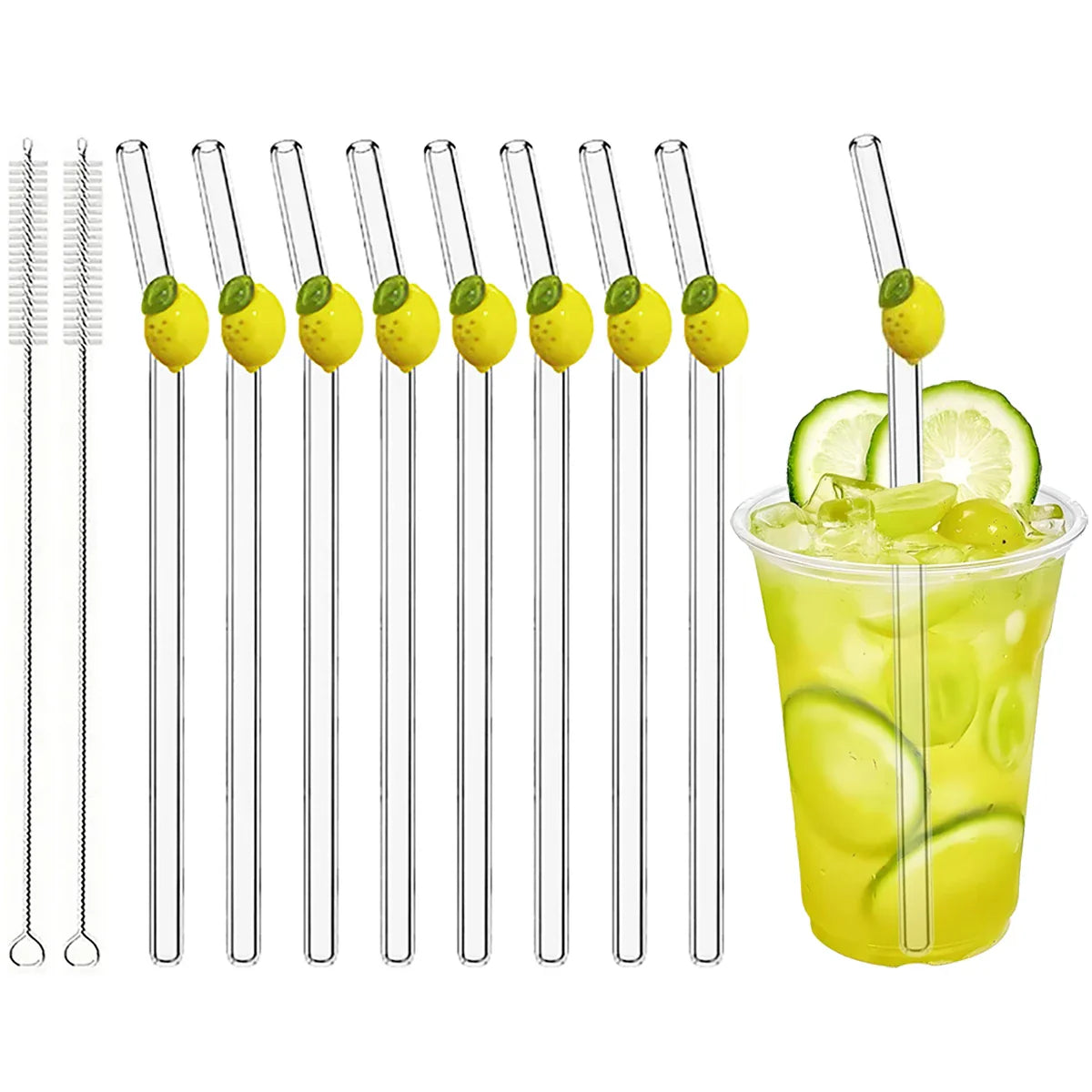 Lemon Glass Bent Straw Set with Brush 2/4/6/8pcs Drinkware