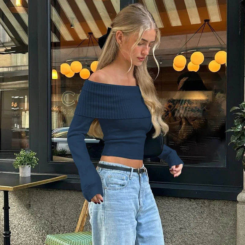 Tight Solid Elegant Off Shoulder Ribbed Crop Tops Summer Fashion Casual Skinny Long Sleeve Camisole