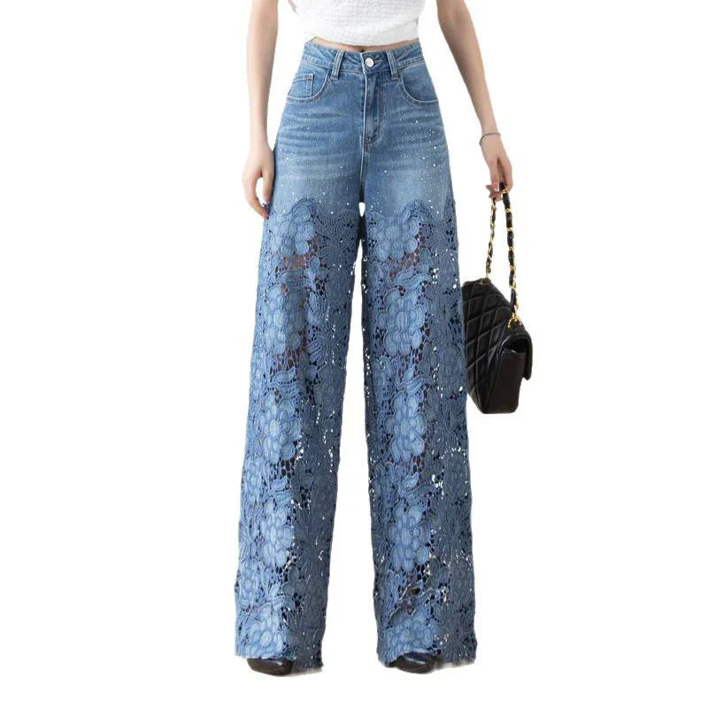 Vintage Hollow Out Lace Flowers Lady Jeans Loose Straight Denim Pants High Street Elegant Summer New Trousers Chic Fashion Pant