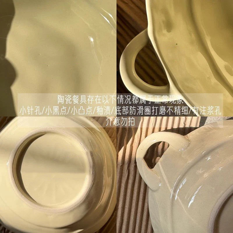 High Beauty Ceramic Instant Noodle Bowl with Pearl Handle Home Irregular Shape Cute Yogurt Bowls Fruit Dessert Tableware