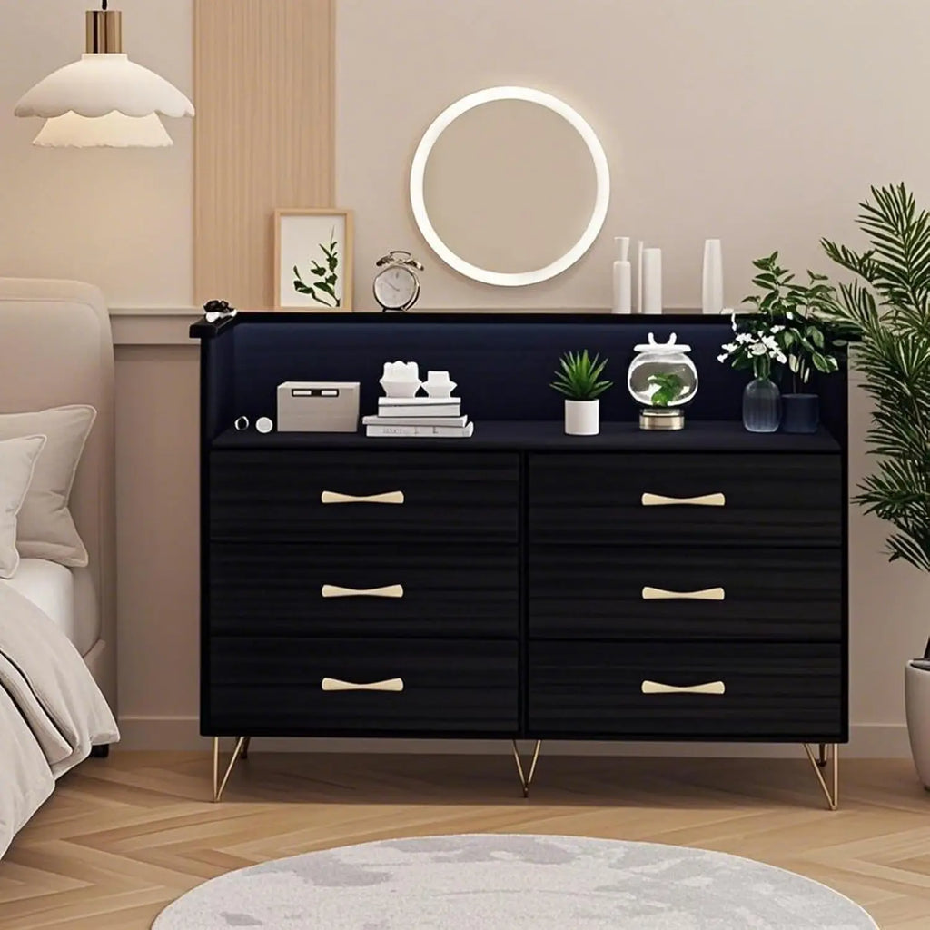 New Dresser with LED Light for Bedroom 6 Drawer Dressers with Charging Station Chests of Drawers Sturdy Steel Frame Wooden Top
