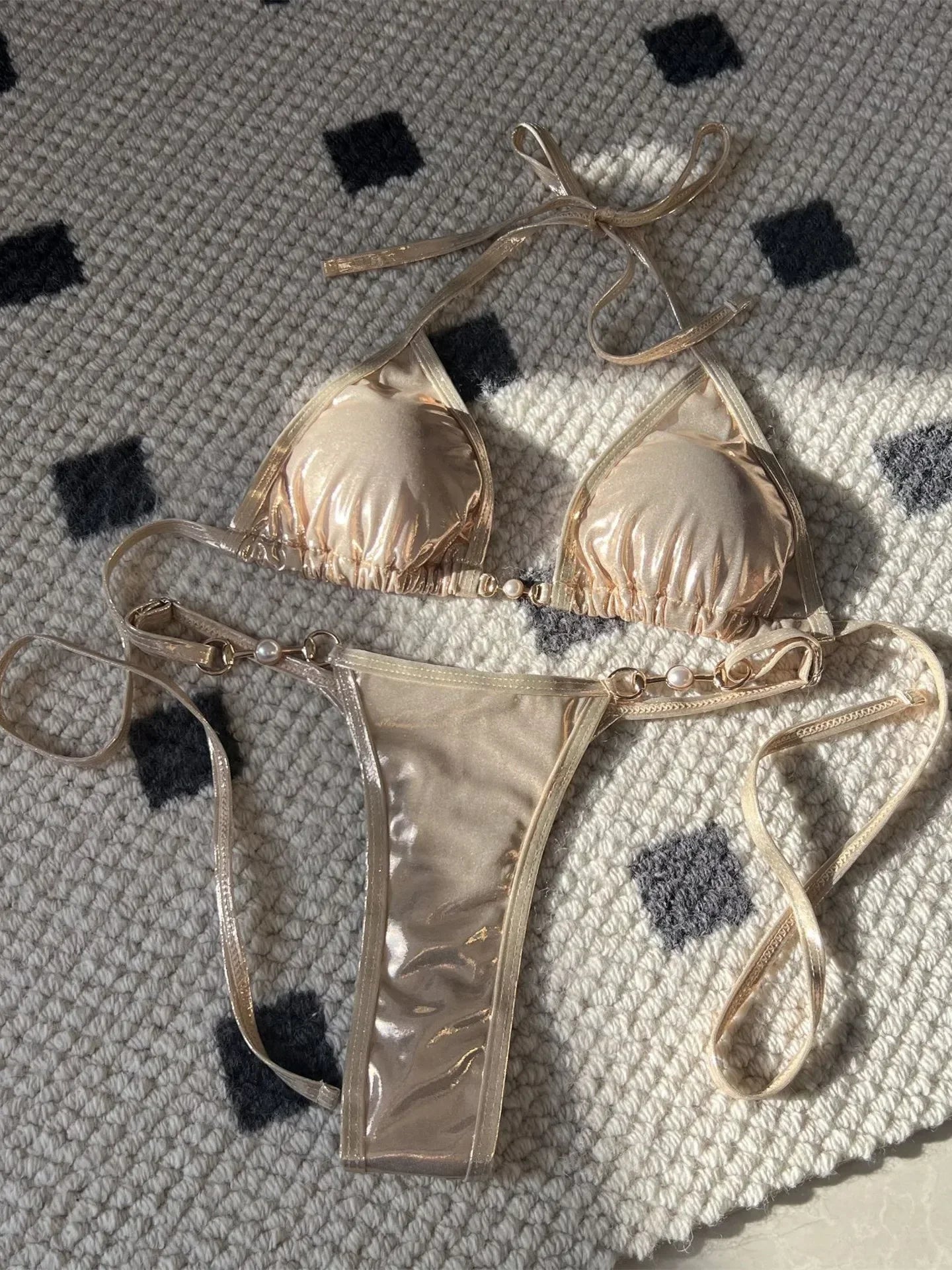 Shiny Micro Bikini Women Sexy PU Pearls Push Up Thong Swimsuit Summer Bathing Suit