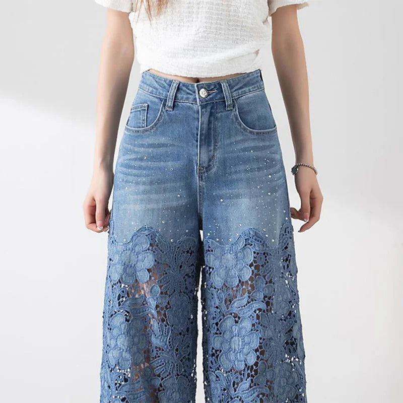 Vintage Hollow Out Lace Flowers Lady Jeans Loose Straight Denim Pants High Street Elegant Summer New Trousers Chic Fashion Pant