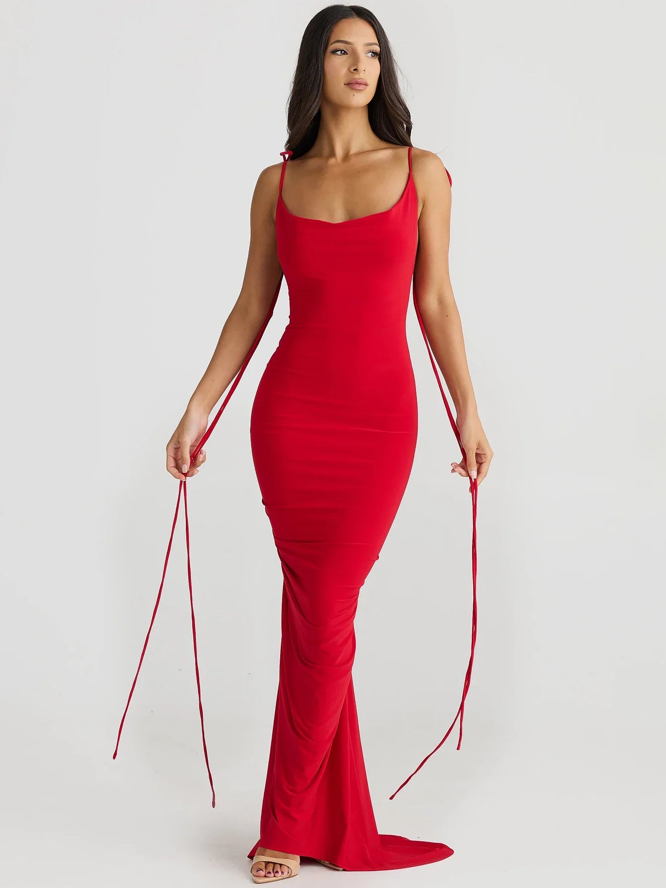 Sexy Backless Maxi Dress Women Spaghetti Strap Lace Up Solid