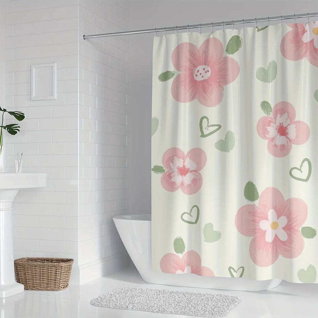 Pink Floral and Heart Print High Quality Shower Curtain - Cute and Stylish Bathroom Decor with Hooks, Polyester Fabric