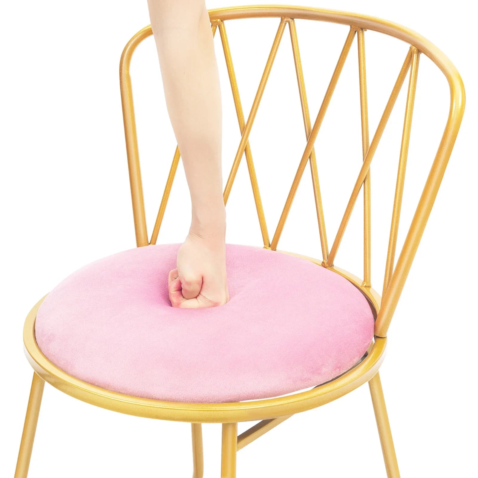 Pink Velvet Makeup Chair with Gold Base 50mm Thick Cushion & Modern Vanity Stool Foldable Backrest Freestanding