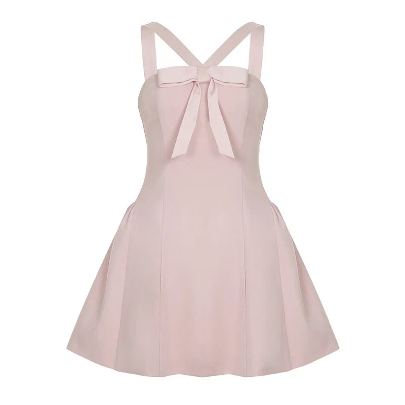 Dress Pink Coquette Aesthetic Puffy Bow Halter-neck A-line Mini Dress