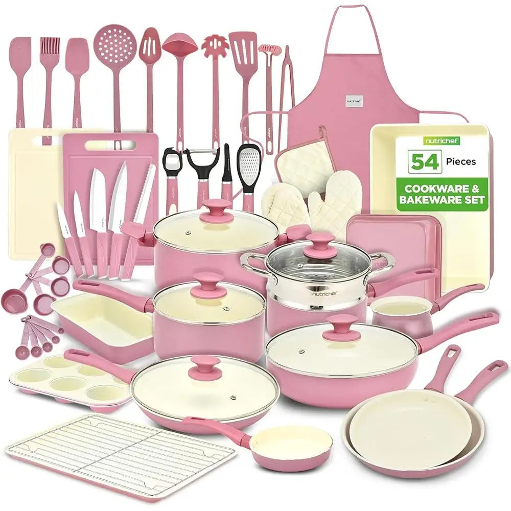 Complete Kitchen 54 Piece Cookware Set Non Stick Ceramic Pots Pans Utensils Bakeware Knife Cutting Boards All Cooktops