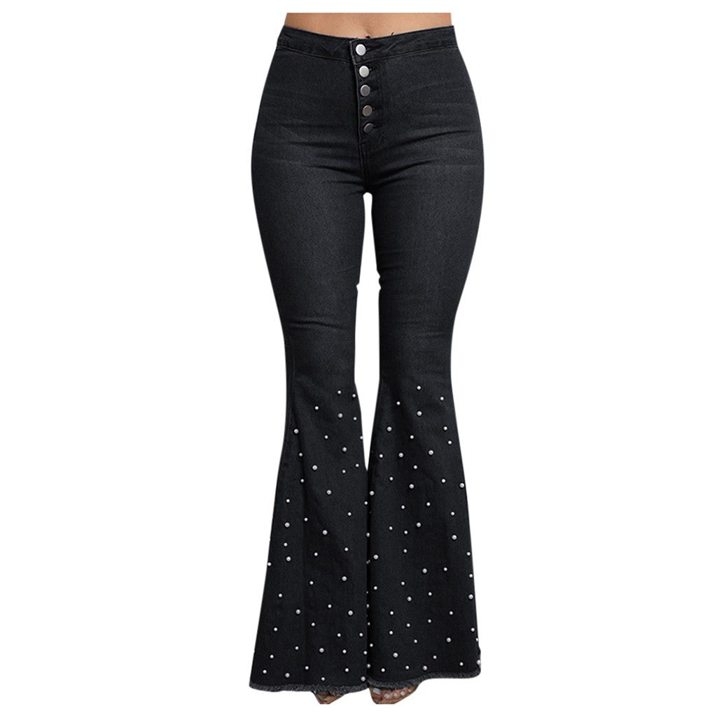 Denim High Waist Jeans Button Tassel Pants Trousers Bell-Bottom Pants Loose Straight Jeans