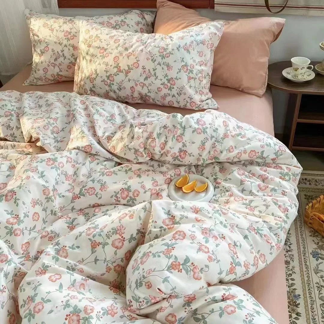 Romantic Cherry Heart Duvet Cover Set Flat Sheet Pillowcases Fashion New Twin Full Floral Bedding Set