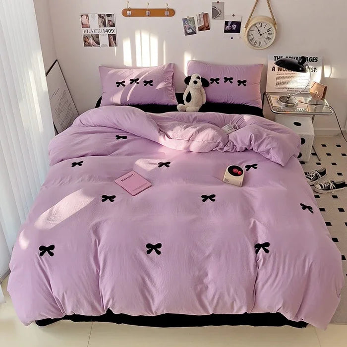 Girls Bedding Set with Bow Korean Breathable Duvet Cover No Filler Flat Sheet Pillowcases Mix Color Comforter Cover Set
