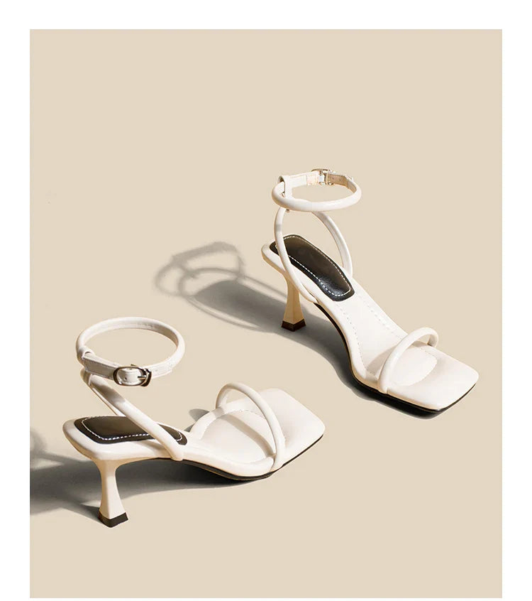 Women's High Heel Sandals Square Toe Thin Heels One-length Strip Open Toe Sandals