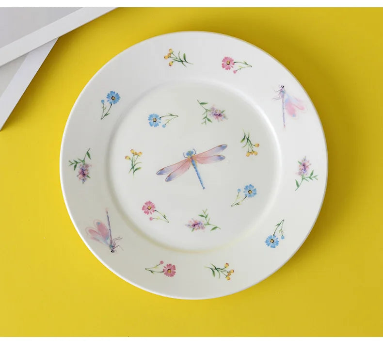 Garden Dragonfly Ceramic Dish Exquisite Round Ceramic Breakfast Dessert Plate Home Dish Plate High Temperature Resistant