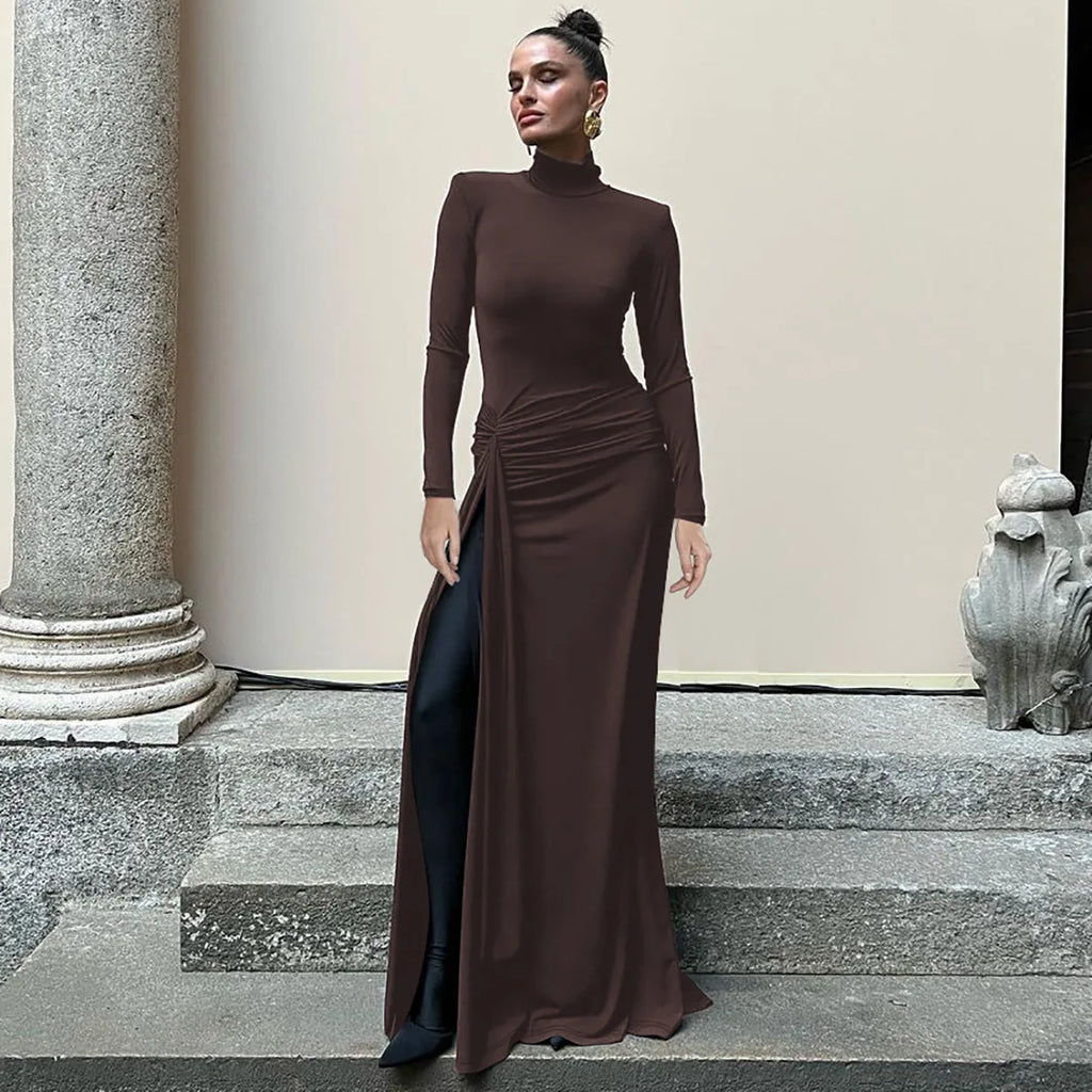 Pleated Bandage Long High Waist Slim Patchwork Long Sleeve Elegant Women's Maxi Dress