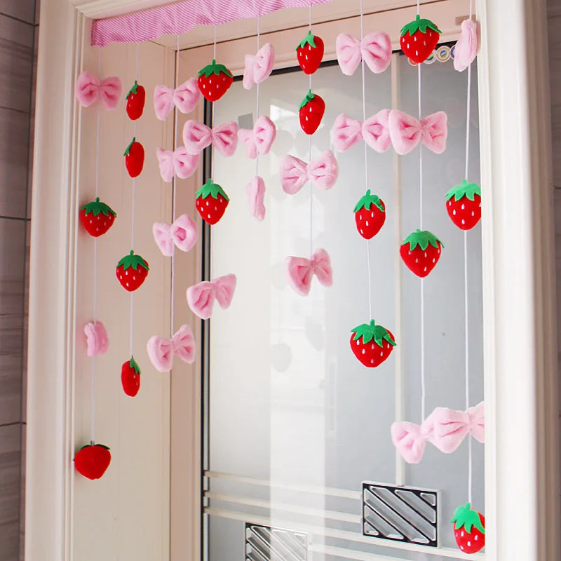 Pink Kawaii Doorway Curtains Plush Strawberry Ball Door Curtain Pendant Melody Bedroom Partition Window Valance Decor Christmas