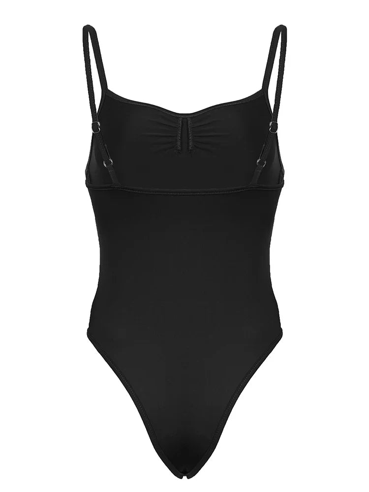 Sleeveless Skinny Shirring Skinny Sexy Spaghetti Strap Bodysuit For Women Black Solid Simple Basic Camisole