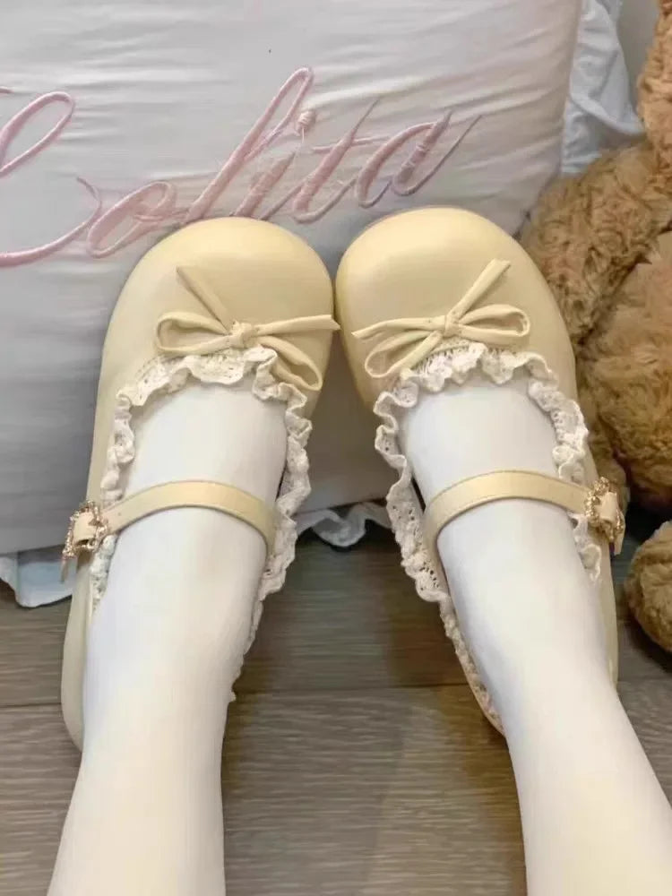 Original Lolita Flat Shoes with Butterfly Knot Soft Bottom Round Head Single Lined Women's High Heel