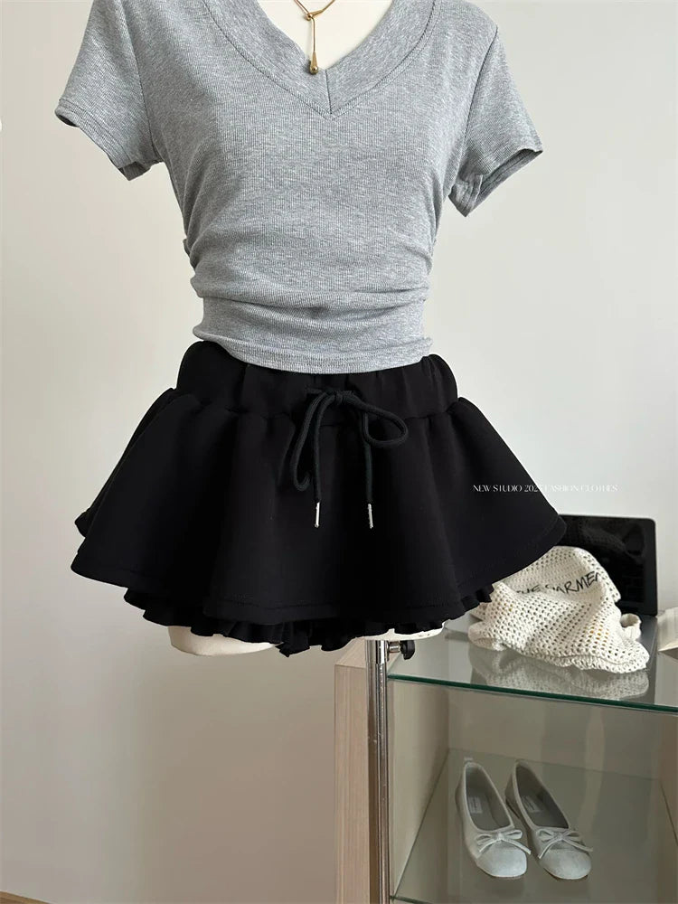 Women Preppy Elastic Waist Mini Skirt 2000s Coquette Design Shorts