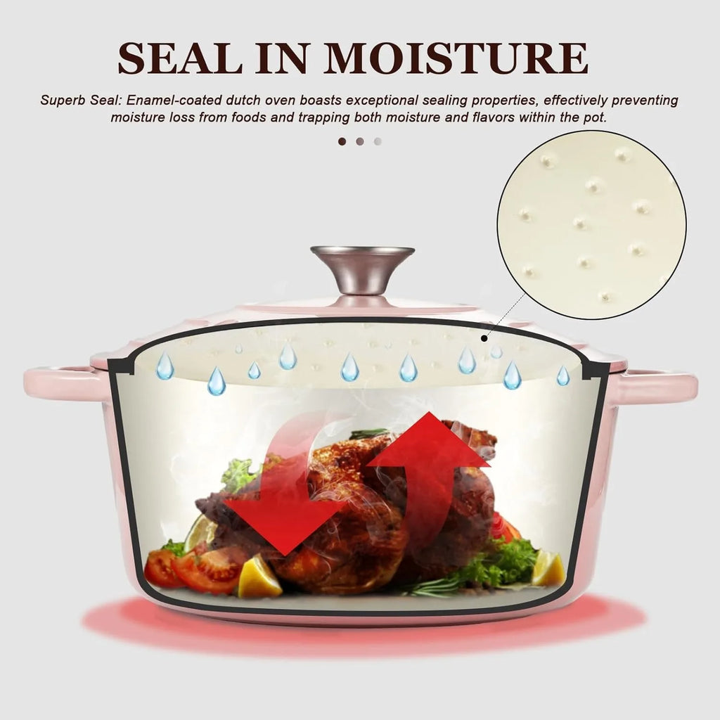 Pink Dutch Oven -7QT with Lid Pot and Cotton Pot Rack - Heavy duty Cooking Utensil