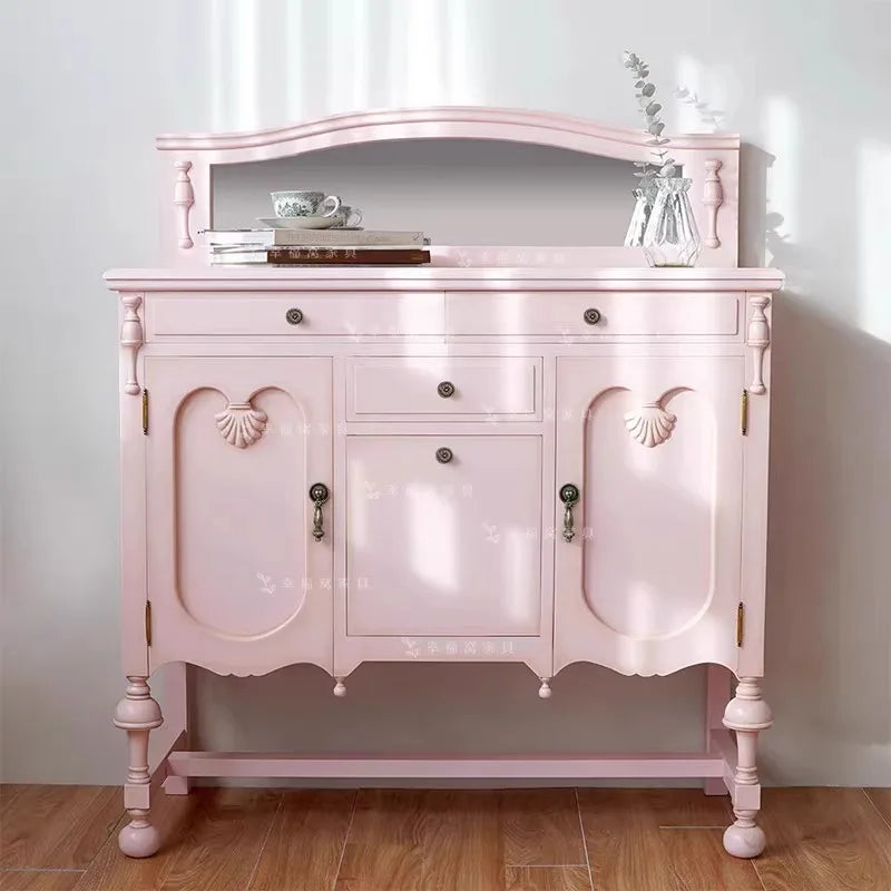 French Solid Wood Pink Studio Makeup Table with Mirror