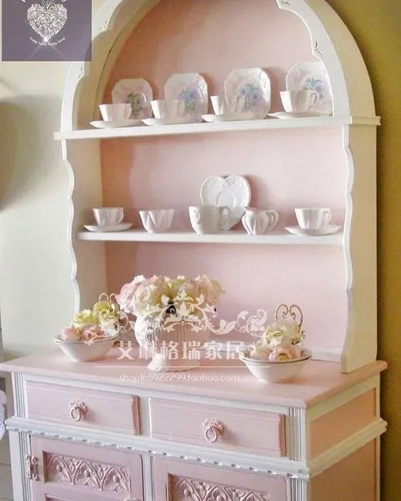 French Solid Wood Carving Flower Bookcase Dining Side Pink Princess Cabinet