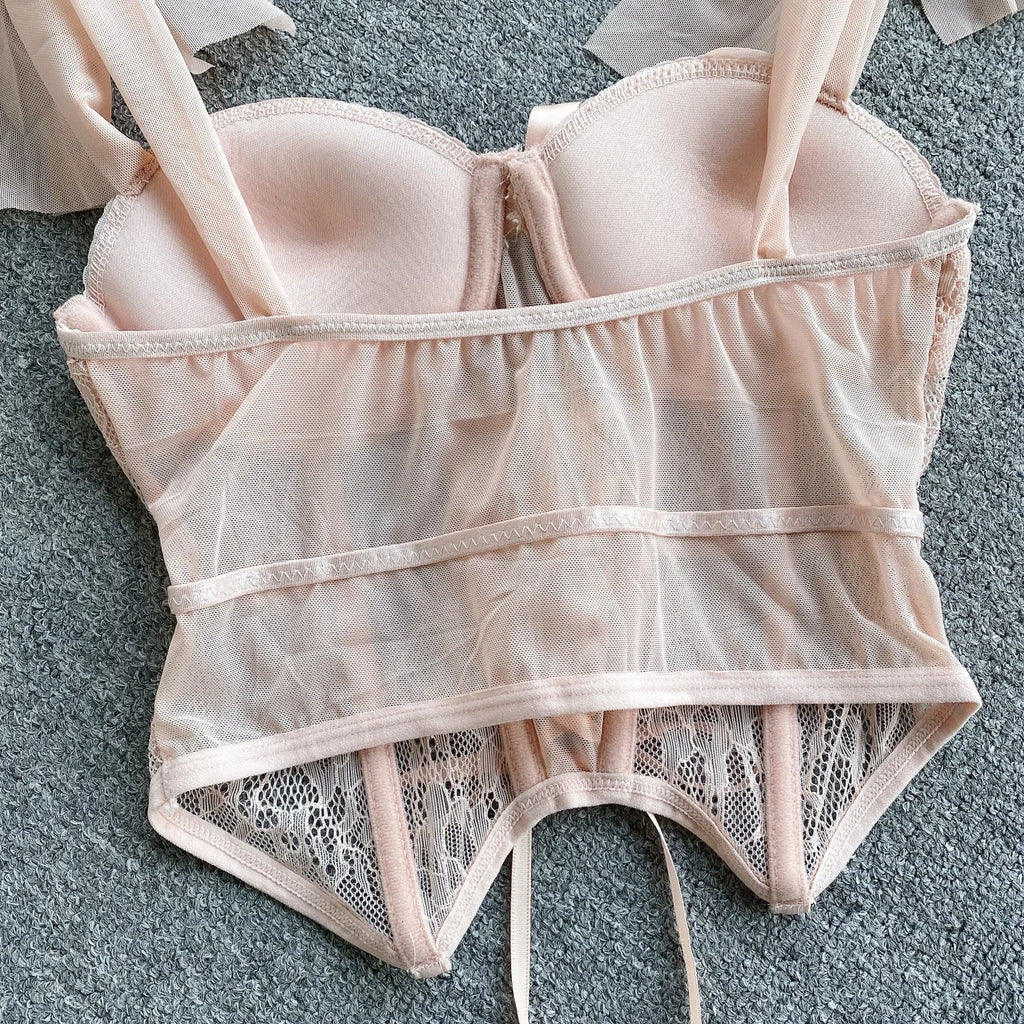 Spaghetti Strap Tank Top for Women Strapless Build in Bra Lace Patchwrok Tulle Bow Camis Summer Casual Female Camisoles