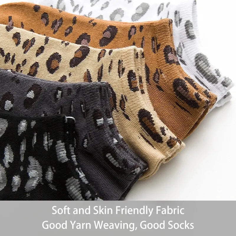 Women's Seasonal Fashionable and Trendy Leopard Print Cotton Sweat-absorbing and Comfortable Sports Low Top Socks