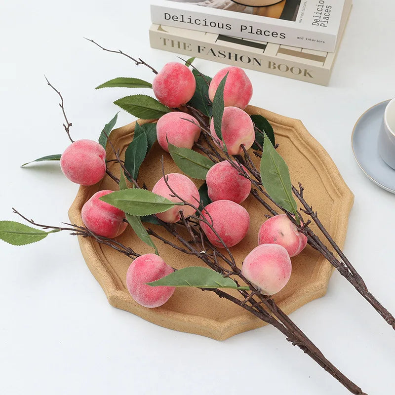 Fake Peach Tree Branches Artificial Fruit Faux Arrangement Decor Spring