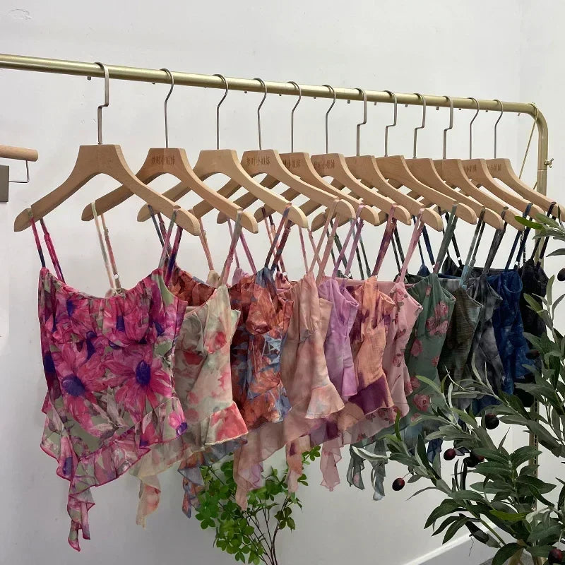 Girls Sweet Ruffles Mesh Camisole Top Lady Camis Sleeveless Printed Floral T shirts Stretch Slim Tanks For Slim Women