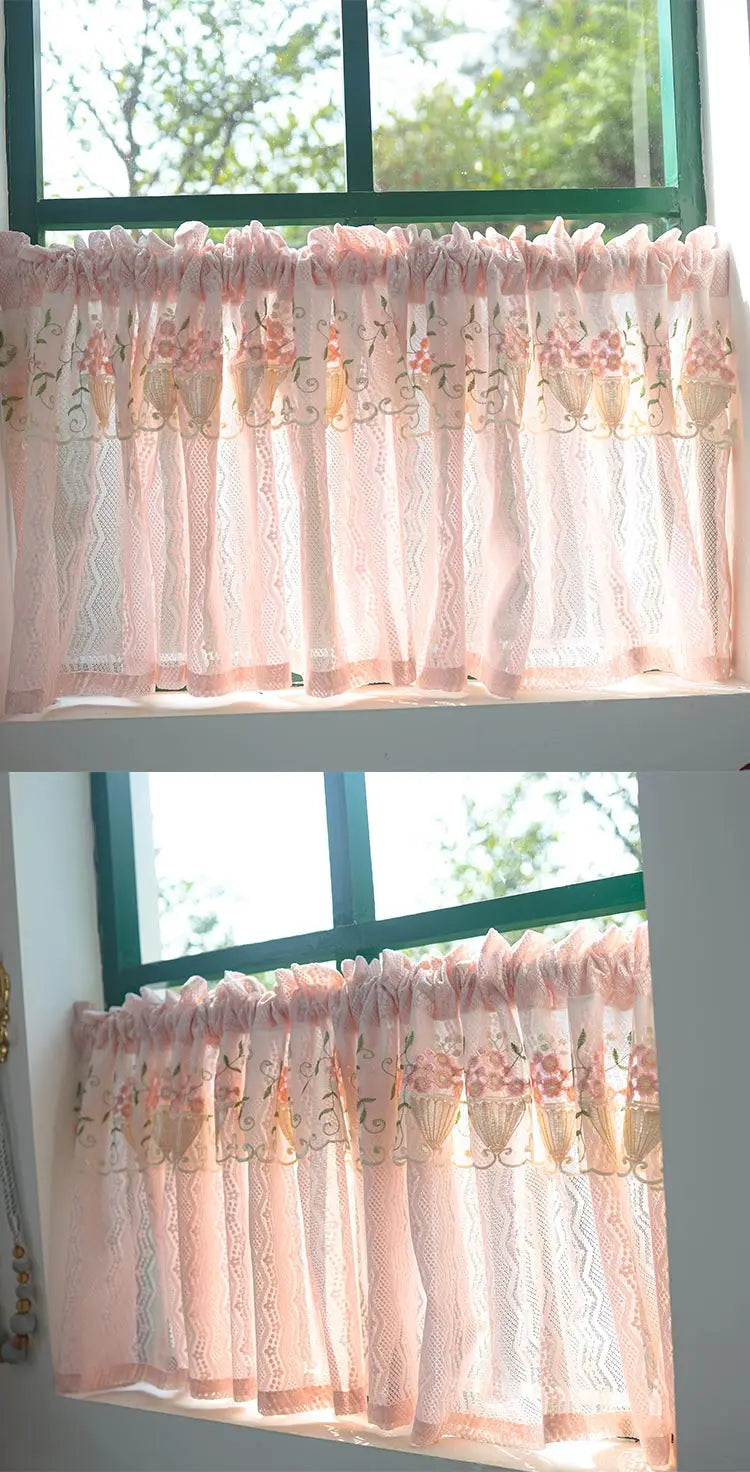Pink Small Window Short Curtain Embroidery Floral Lace Half Window Curtains Sheer Tulle Home Decoration