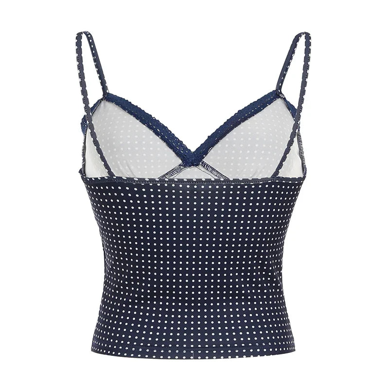 Y2K Polka Dot Crop Top Casual Lace Stitching Sleeveless Skinny Strap Tops Women Basic Camisole Streetwear Tees Aesthetic