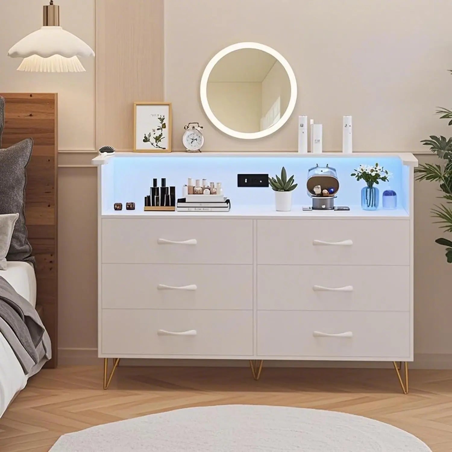 New Dresser with LED Light for Bedroom 6 Drawer Dressers with Charging Station Chests of Drawers Sturdy Steel Frame Wooden Top