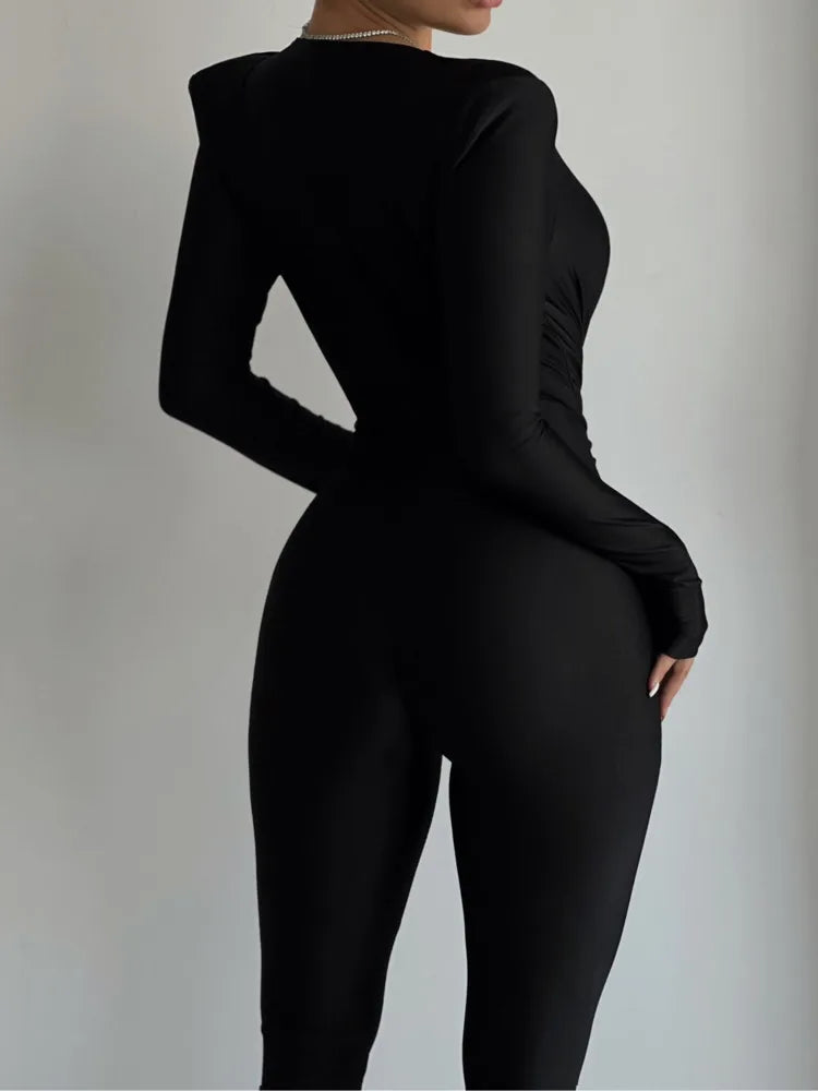 Deep V Neck Long Sleeve Skinny Jumpsuits Rompers Elegant Black High Waist Ruched Slim Sexy Jumpsuit