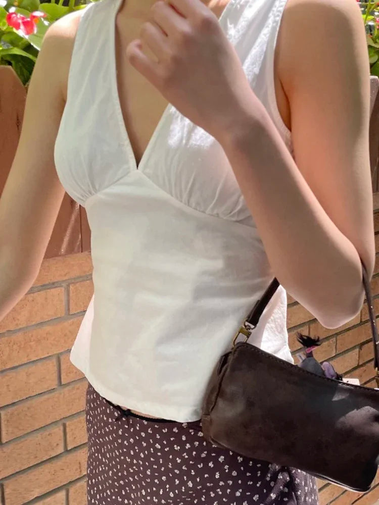 Women White Deep V Neck Tanks Summer Ladies Soft Sexy Cotton Slim Tank Tops Female Vintage Solid Sweet Vest