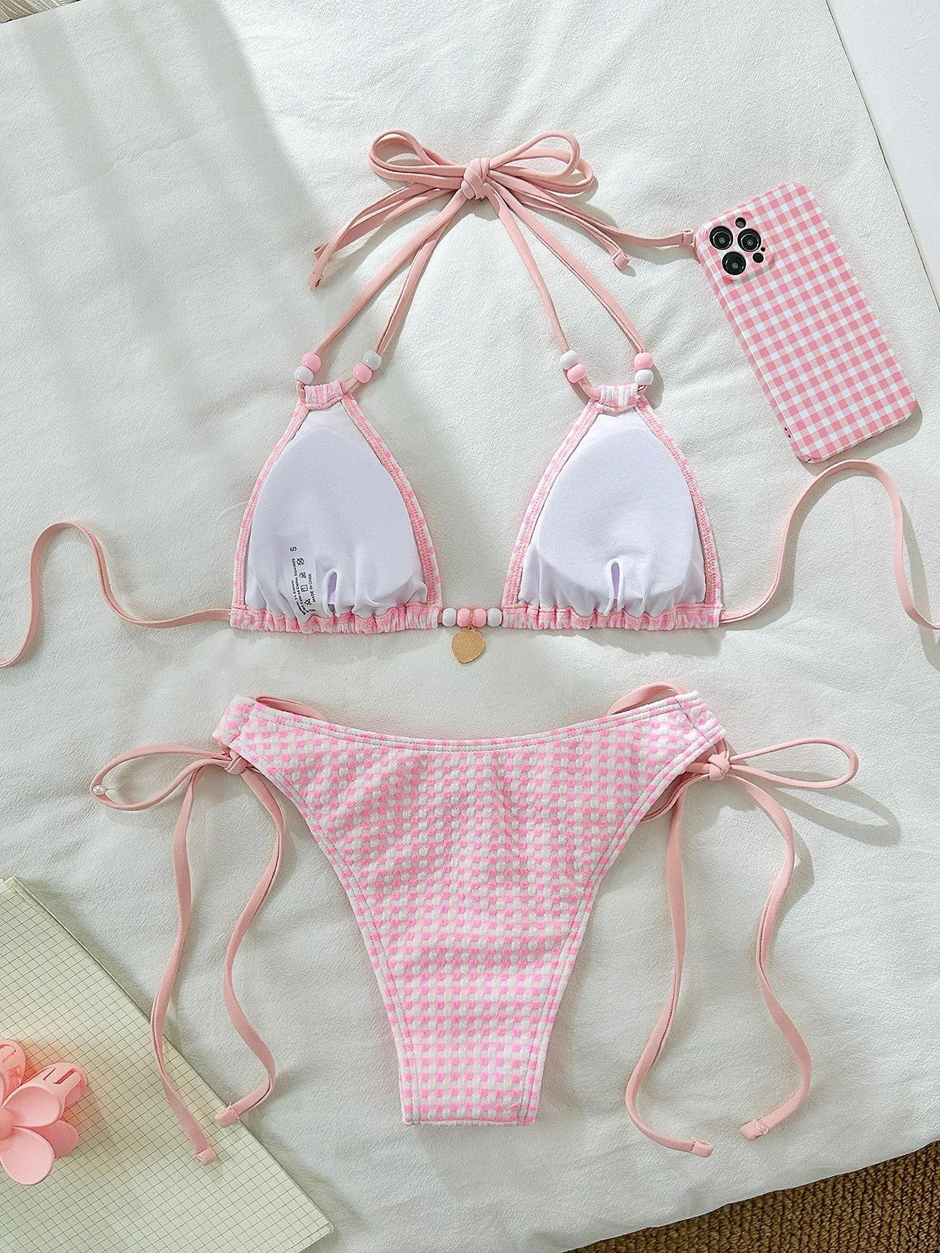 Sexy Pink Plaid Bikinis Sets Women Bead String Strap Push Up Drawstring Side Thong Swimsuit