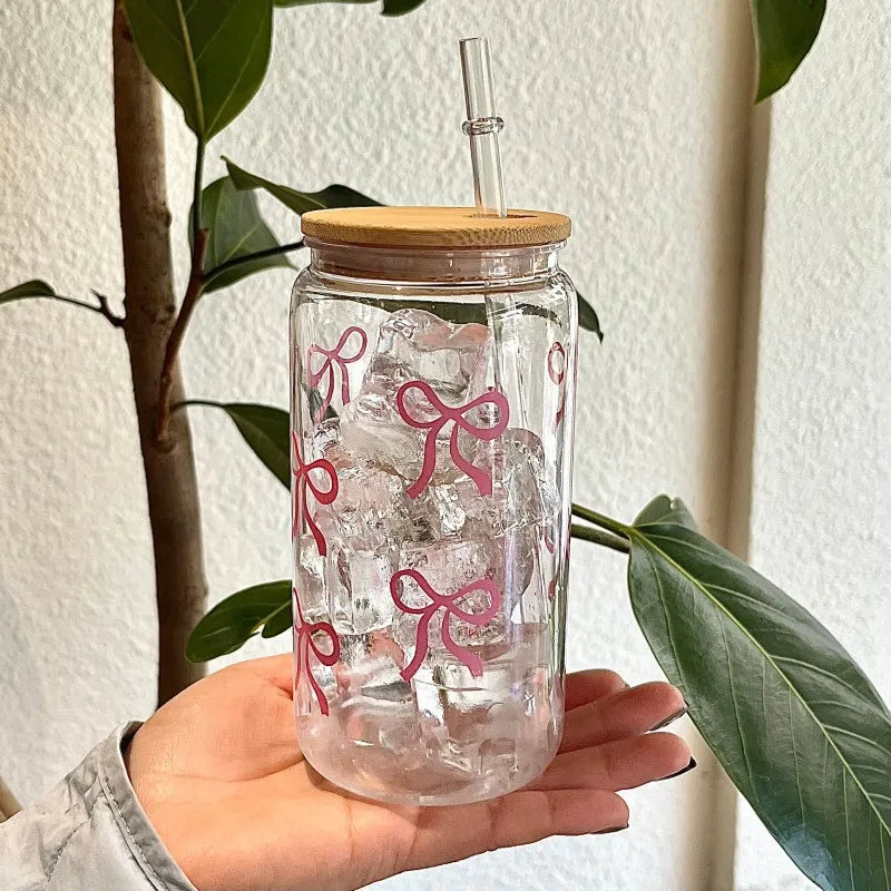 Cute Bow Glass Cup Tumbler Mason Jar Shaped With Lids & Straw