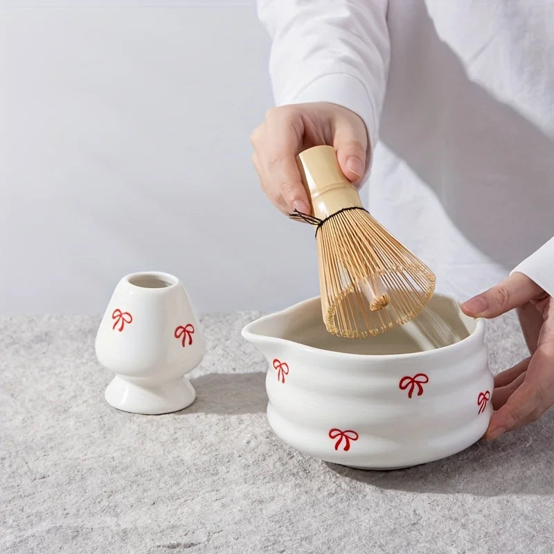 Red Bow Decal 5 Pieces Ceramic Matcha Set, Matcha Set Includes Matcha Bowl, Matcha Mixer and Holder, Bamboo Spoon