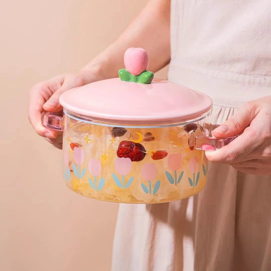 Pink Flower Instant Noodles Glass Pot Can Be Heated Soup Pot Double Ears Salad Bowl Covered with a Large Capacity Bowl